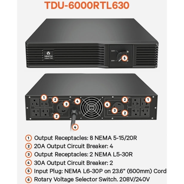Vertiv Liebert TDU-6000RTL630 | 6000VA Step Down Transformer | 2U Rack/Tower | 10 NEMA Outlets | 94% AC Efficiency