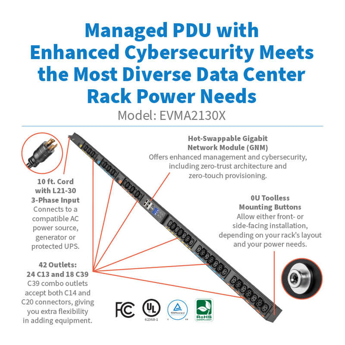 Eaton EVMA2130X 3-Phase Managed Rack PDU G4, 120/208V, 42 Outlets, 8.6kW, L21-30P, 10 ft Cord, 0U Vertical