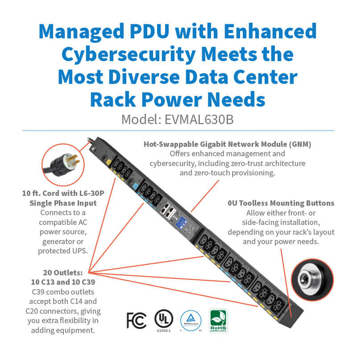 Eaton EVMAL630B Single-Phase Managed Rack PDU G4, 208V, 20 Outlets, 24A, 5.8kW, L6-30P, 10 ft. Cord, 0U Vertical