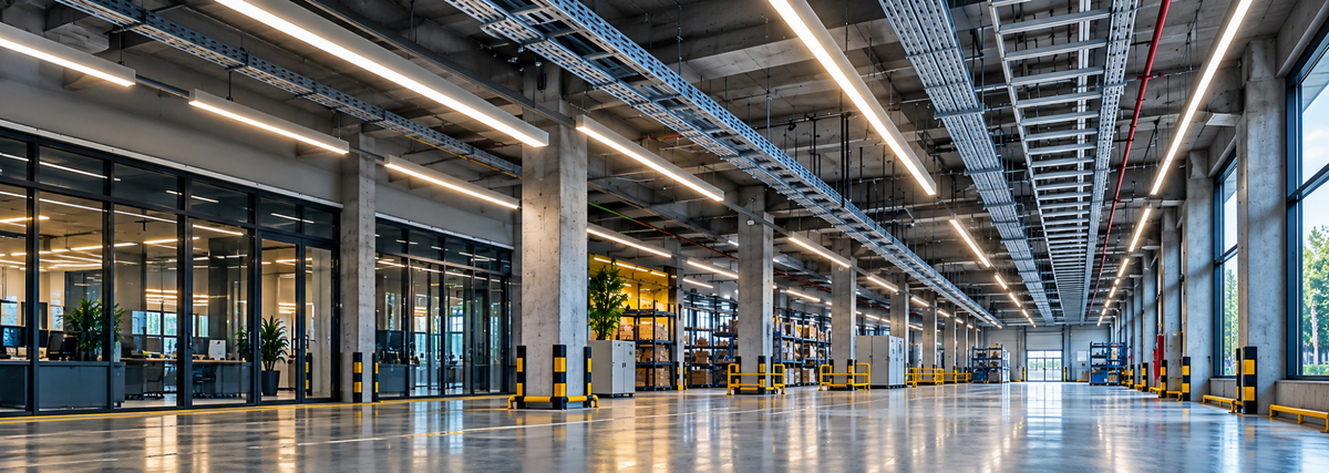 Industrial interior with lighting and cable management systems