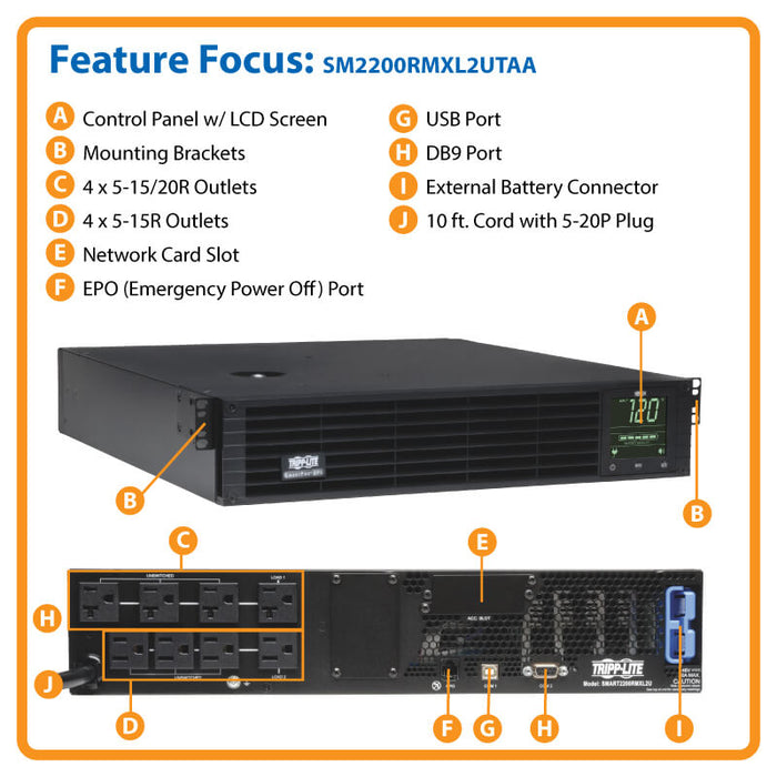 Eaton Tripp Lite SmartPro 2.2kVA 1.92kW 120V TAA Line-Interactive UPS, 2U Rack/Tower, Extended Run, LCD, USB, DB9