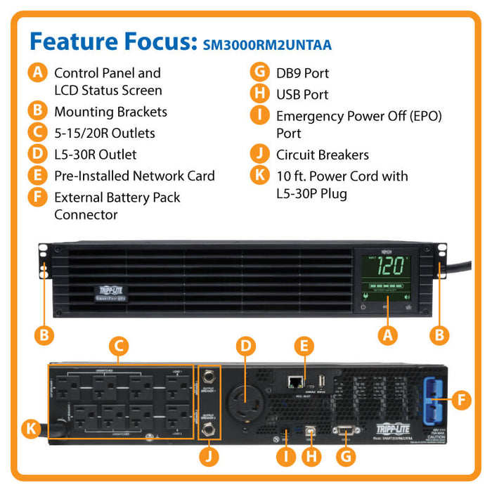 Eaton Tripp Lite SmartPro 3kVA 120V Line-Interactive UPS with WEBCARDLX, TAA Compliant – 2U Rack/Tower, Extended Run