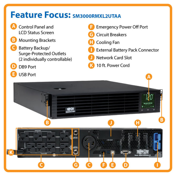 Eaton Tripp Lite SmartPro 3kVA 2.88kW 120V TAA Line-Interactive Sine Wave UPS, 2U Rack/Tower, Extended Runtime, LCD, USB, DB9, Network Card Option