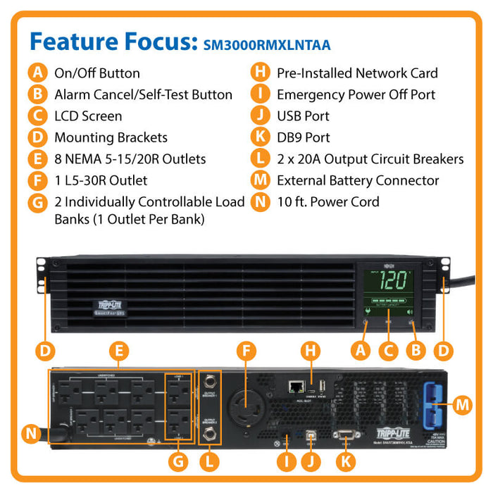 Eaton Tripp Lite SmartPro 3kVA 2.88kW TAA Line-Interactive Sine Wave UPS, 2U Rack/Tower, Extended Run, WEBCARDLX
