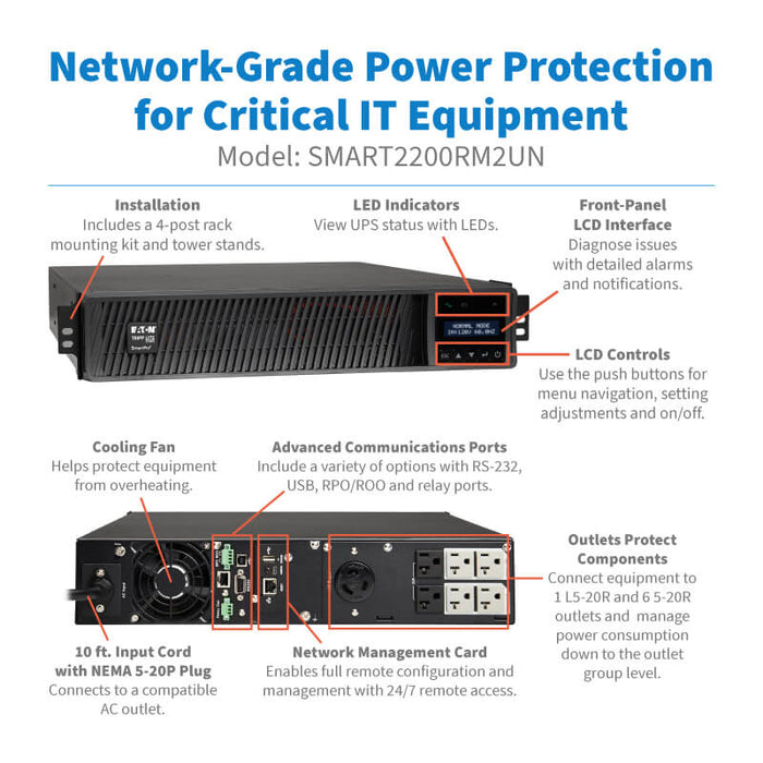Eaton Tripp Lite SmartPro 1950VA 1950W 120V Line-Interactive Sine Wave UPS – 7 Outlets, 2U Rack/Tower, LCD, USB, DB9, WEBCARDLXE