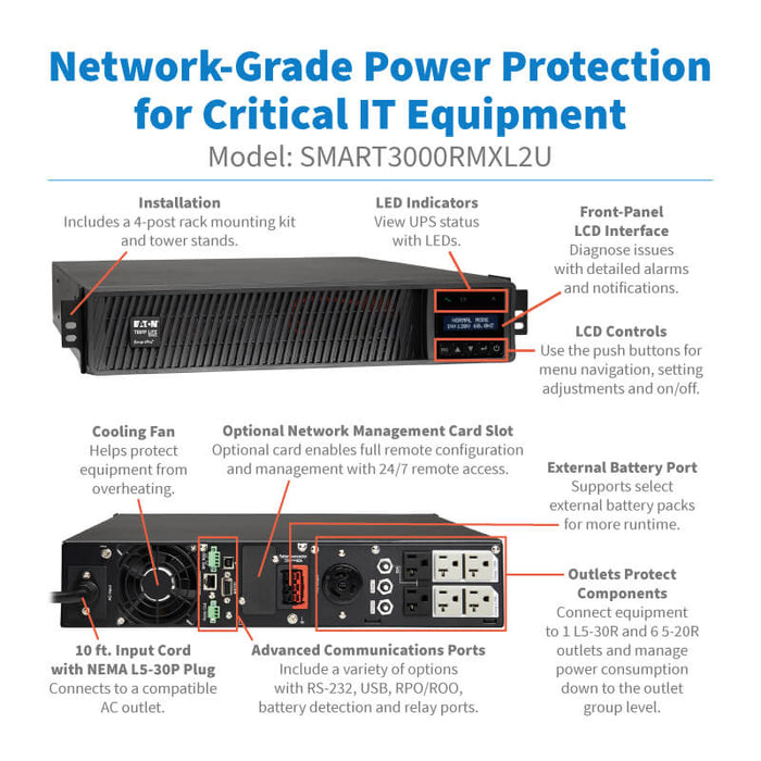 Eaton Tripp Lite SmartPro 3000VA 3000W 120V Line-Interactive Sine Wave UPS, 2U Rack/Tower, LCD, Extended Run, L5-30P, USB, DB9, Network Card Option
