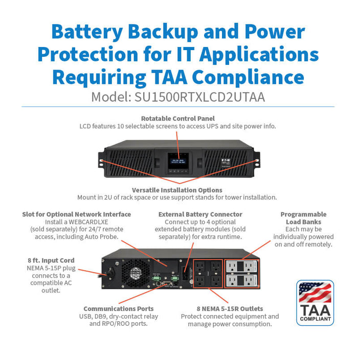 Eaton Tripp Lite SmartOnline 1500VA 1350W 120V Double-Conversion UPS, 2U Rack/Tower, 8 Outlets, LCD, TAA Compliant