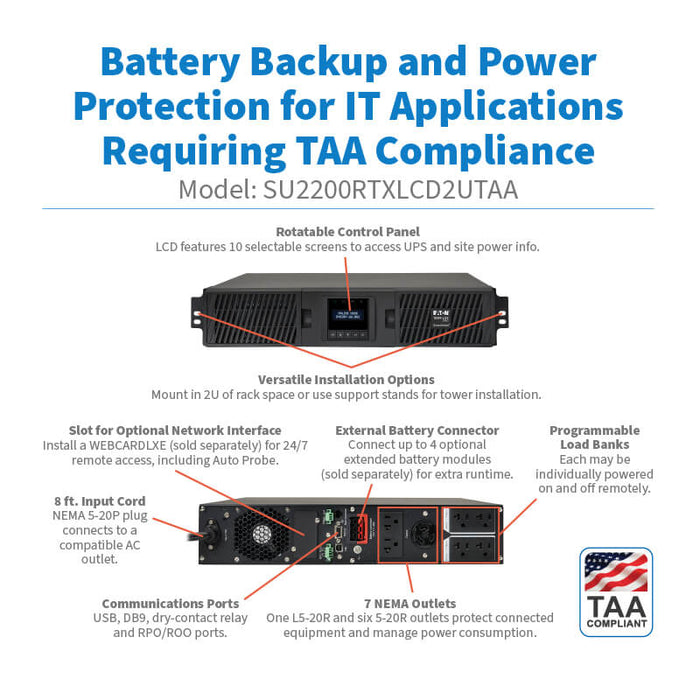 Eaton Tripp Lite SmartOnline 2000VA 1800W 2U Rack/Tower Double-Conversion UPS, 120V, LCD, TAA Compliant – SU2200RTXLCD2UTAA