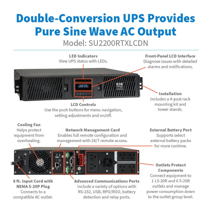Eaton Tripp Lite SmartOnline 2000VA 1800W 120V Double-Conversion UPS, 2U Rack/Tower, LCD, Extended Run, Network Card, USB, DB9 - SU2200RTXLCDN