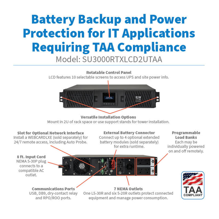 Eaton Tripp Lite SmartOnline SU3000RTXLCD2UTAA 3000VA 2.7kW 120V Double-Conversion UPS – LCD, USB, DB9, 7 Outlets, 2U Rack/Tower, TAA Compliant