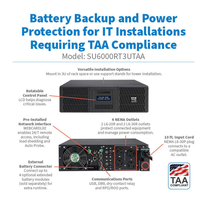 Eaton Tripp Lite SU6000RT3UTAA SmartOnline 6000VA 5400W 208V Double-Conversion UPS with Network Card, Extended Run, 3U Rack/Tower, TAA Compliant