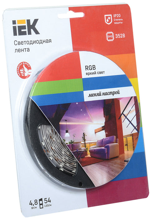 Лента светодиодная 5м блистер LSR-3528RGB54-4.8-IP20-12V IEK-eco