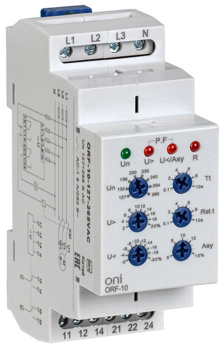 Реле контроля фаз ORF-10 3 фазы 2 контакта 127-265В AC с контролем нейтрали ONI