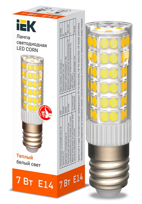 Лампа светодиодная CORN капсула 7Вт 230В 3000К керамика E14 IEK